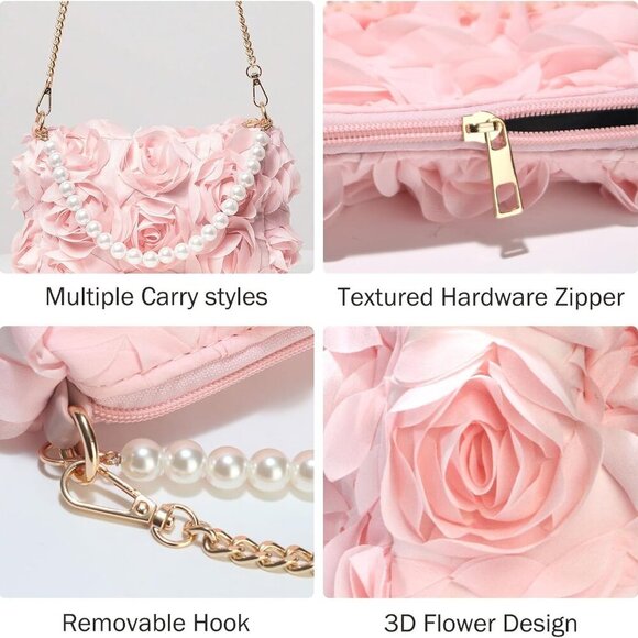 Women Clutch Purse Chiffon 3D Floral Evening Handbag for Wedding Prom Party - Picture 6 of 6